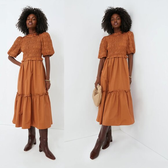 NWT Moon River Caramel Bubble Sleeve Smocked Midi Dress Puff Sleeve Size M - Picture 3 of 11